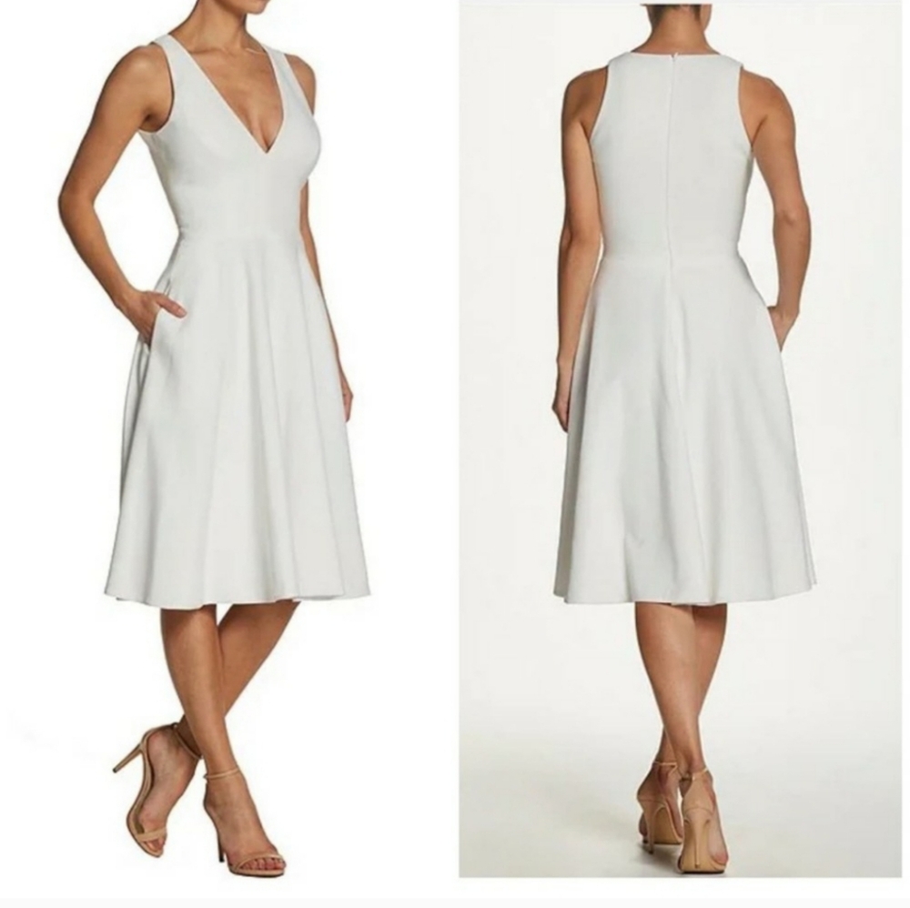 Dress The Population Catalina Fit & Flare V-Neck Sleeveless Crepe Dress White S - Picture 2 of 16